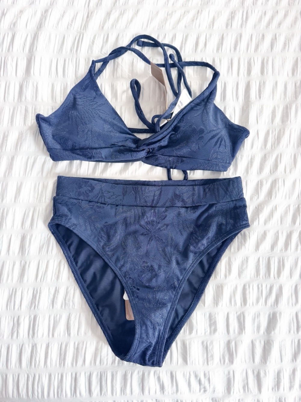 NWT Berlook Navy Shimmer Texture High Waisted Bikini Size Small